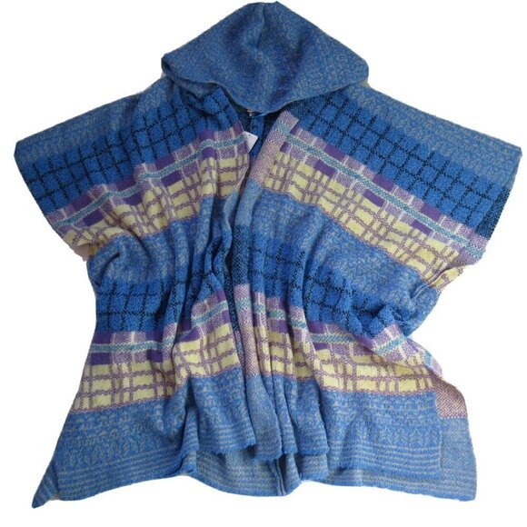 NWT Free People Mercer Poncho in Blue Multi Hooded Open Cardigan Sweater OS - Picture 3 of 5
